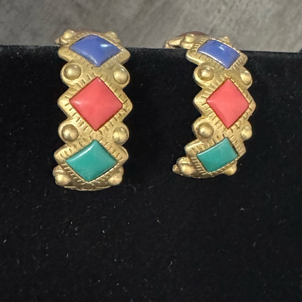 Vintage Gold-Tone Multi-Color Hoop Earrings with Coral and Turquoise Accents